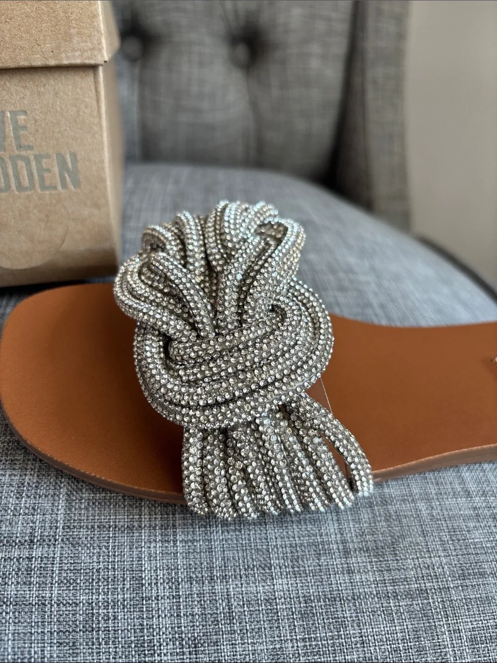 Steve Madden Tan Slide Sandals with Silver Beaded Knot Detail